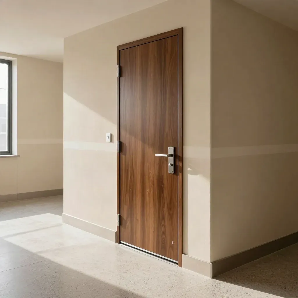 Corridoio condominiale rinnovato con porta tagliafuoco, intonaco minerale fresco e dettagli in acciaio.