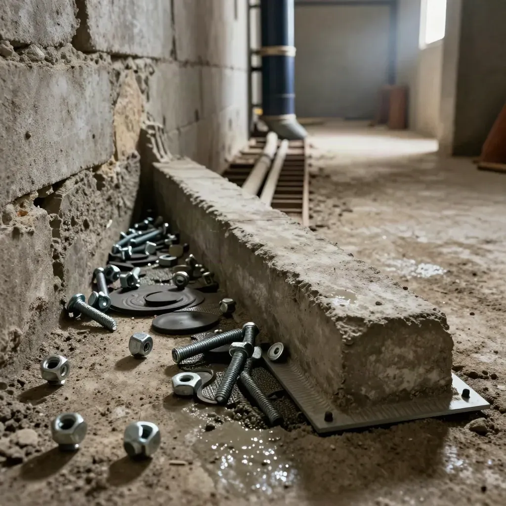 Fondazione interrata con tirafondi antisismici e tamponi isolanti in un corridoio tecnico umido.