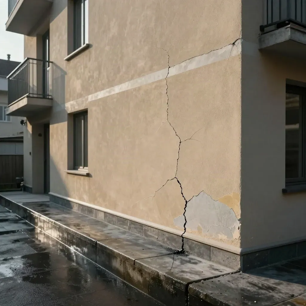 Facciata condominiale riparata dopo la pioggia, crepe sigillate e intonaco rappezzato