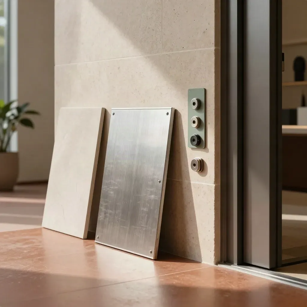 Angolo di lobby condominiale con campioni materiali, armadio manutenzione sigillato e cilindri porta allineati.