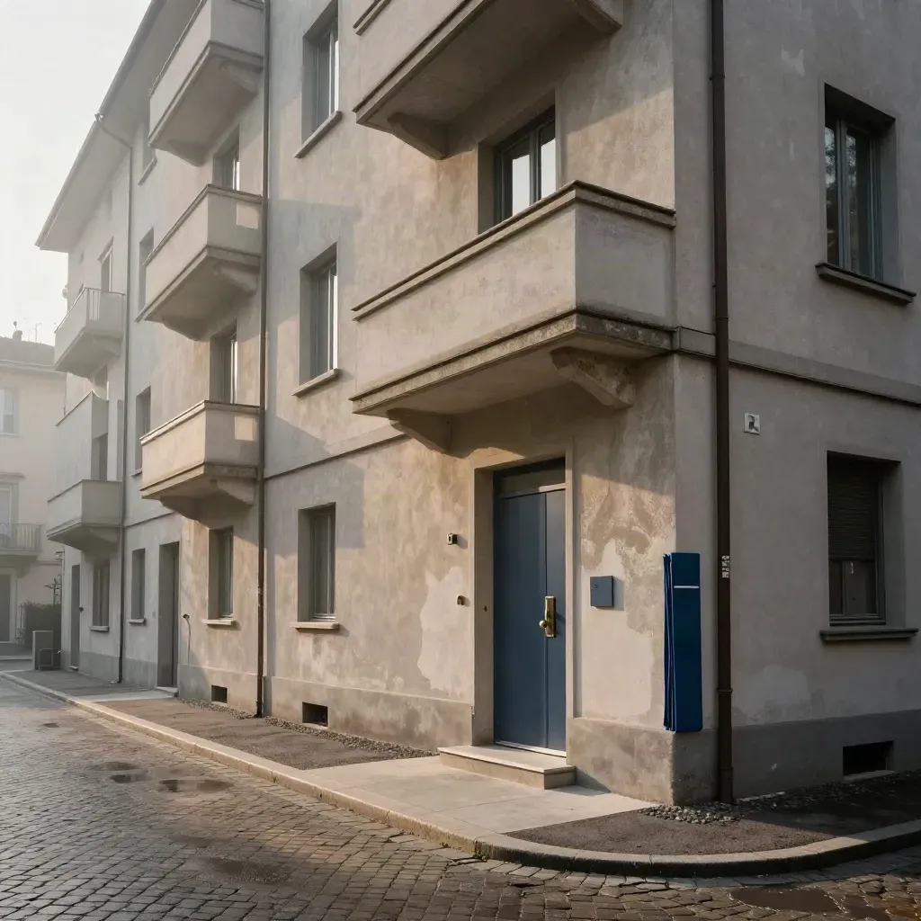 Facciata condominiale restaurata a Milano, ingresso luminoso e balconi ripristinati nel cortile.