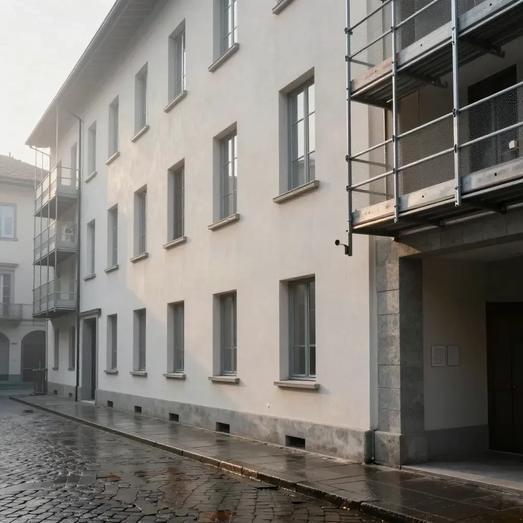 Cortile condominiale a Torino con facciata riparata a blocchi e ponteggio parziale sotto la pioggia.