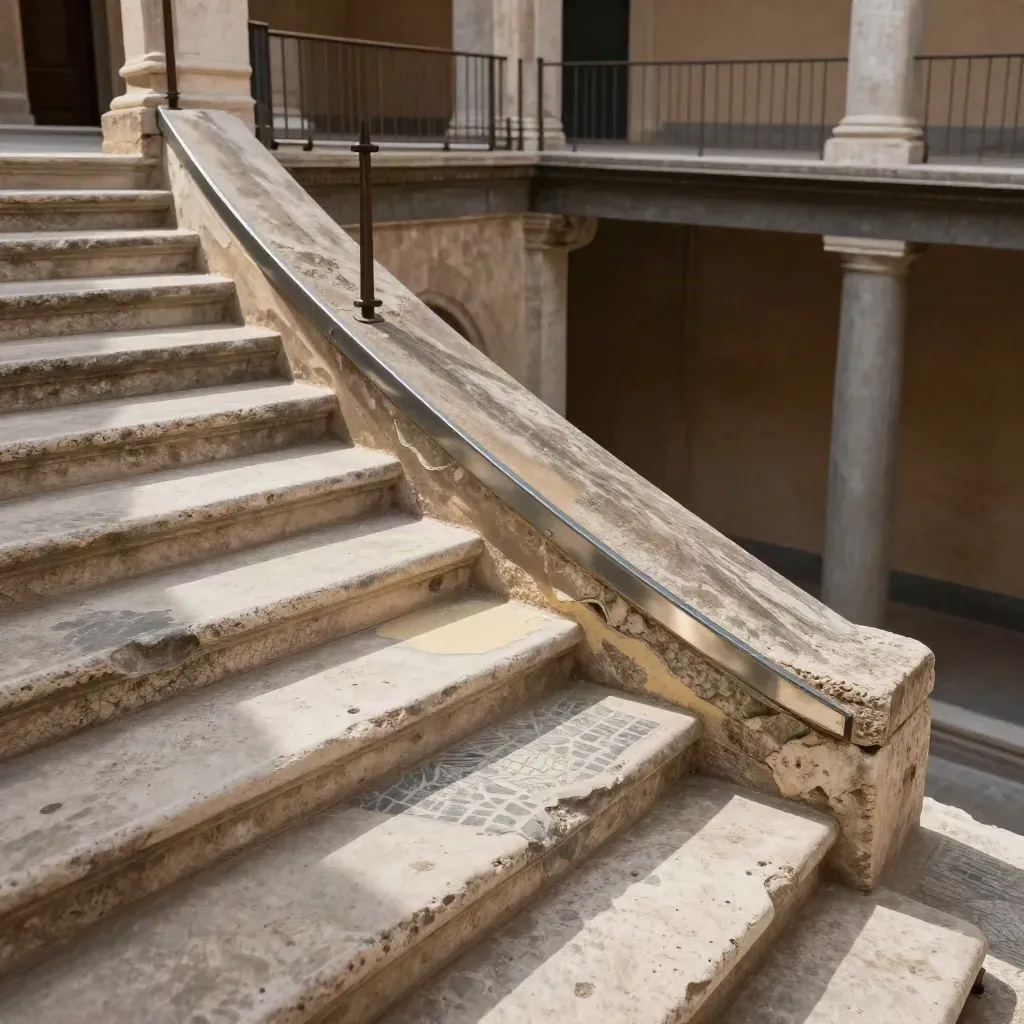 Scala storica romana con gradini restaurati, puntelli in acciaio e luce calda dall’alto.