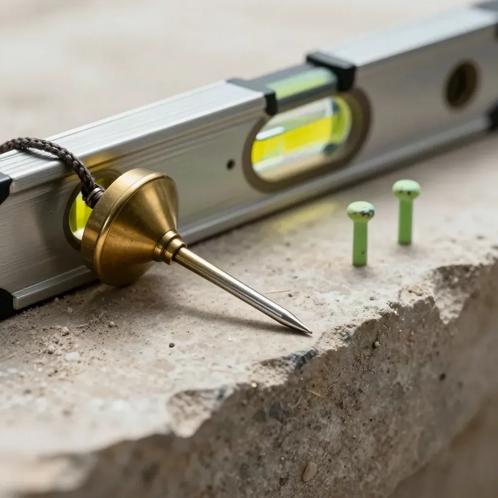 Piombo, livella e picchetti su pietra vissuta, con luce radente e polvere di cantiere.