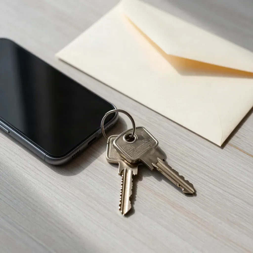 Smartphone nero, chiavi di appartamento e busta sigillata su legno chiaro, luce morbida.