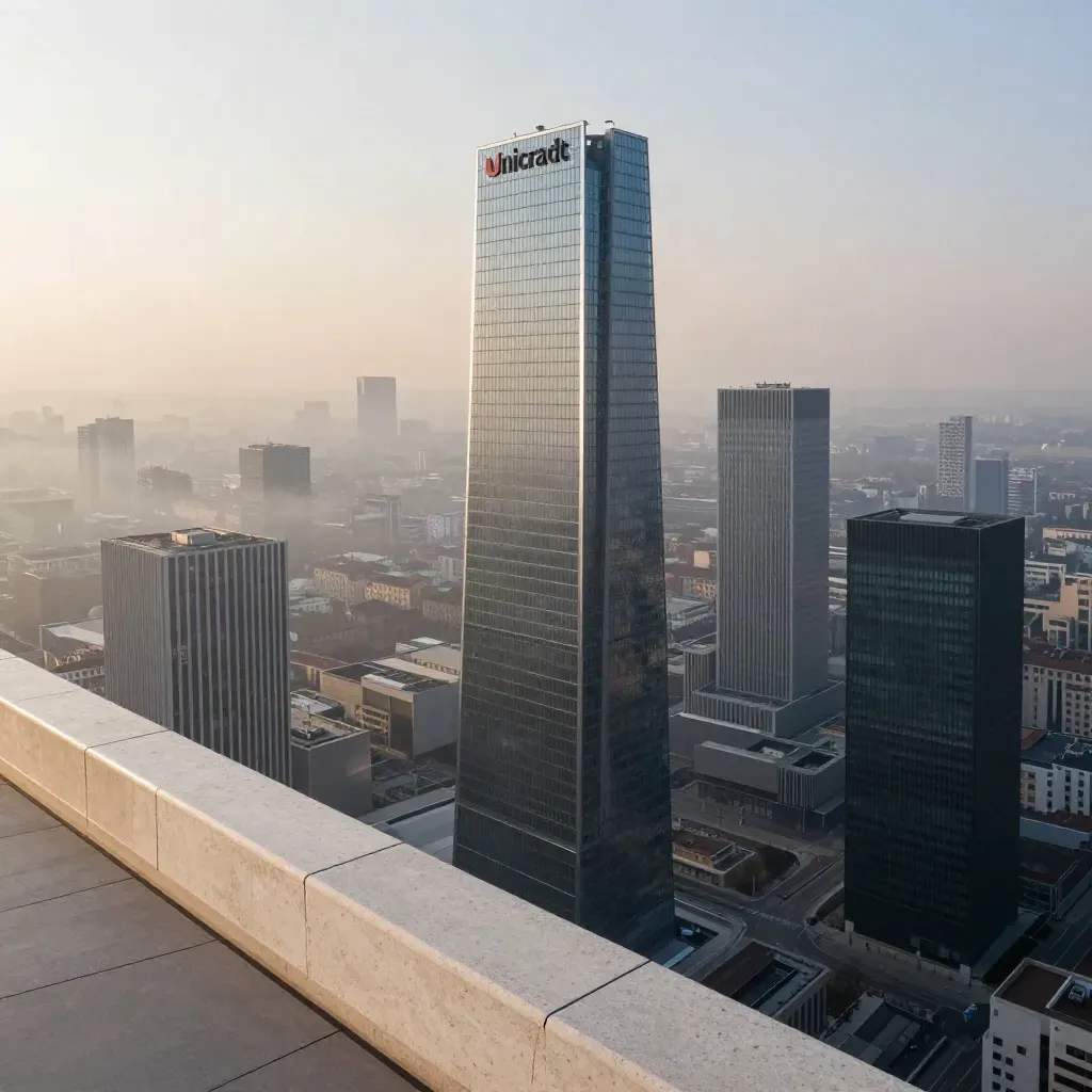 Skyline di Porta Nuova a Milano all’alba, avvolto dalla foschia sopra una terrazza in travertino.