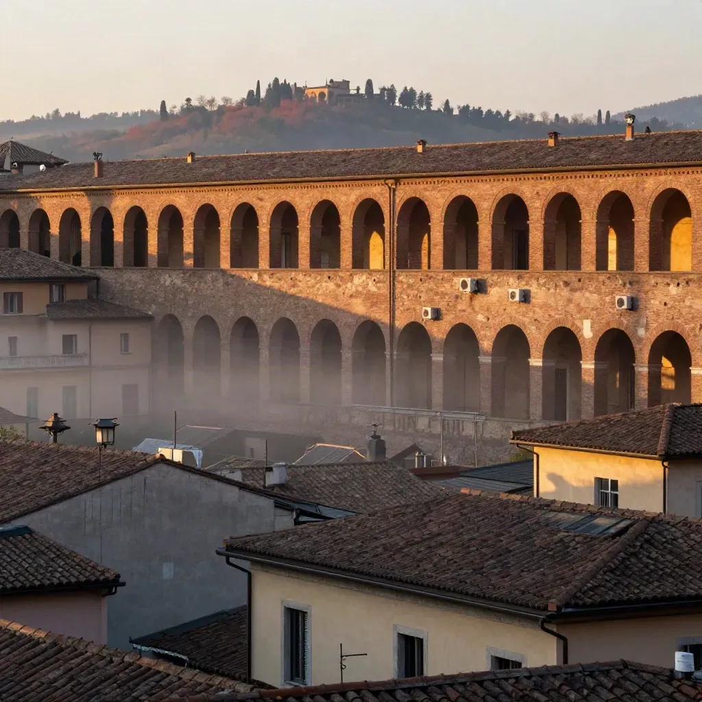 Bologna con i portici rossi e la collina di San Luca avvolti da luce serale e foschia