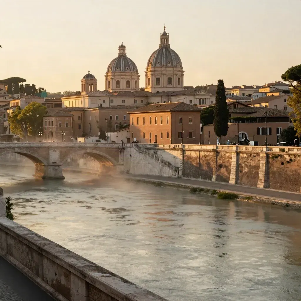 Cupole di Roma e tetti in terracotta nella foschia dorata del Tevere
