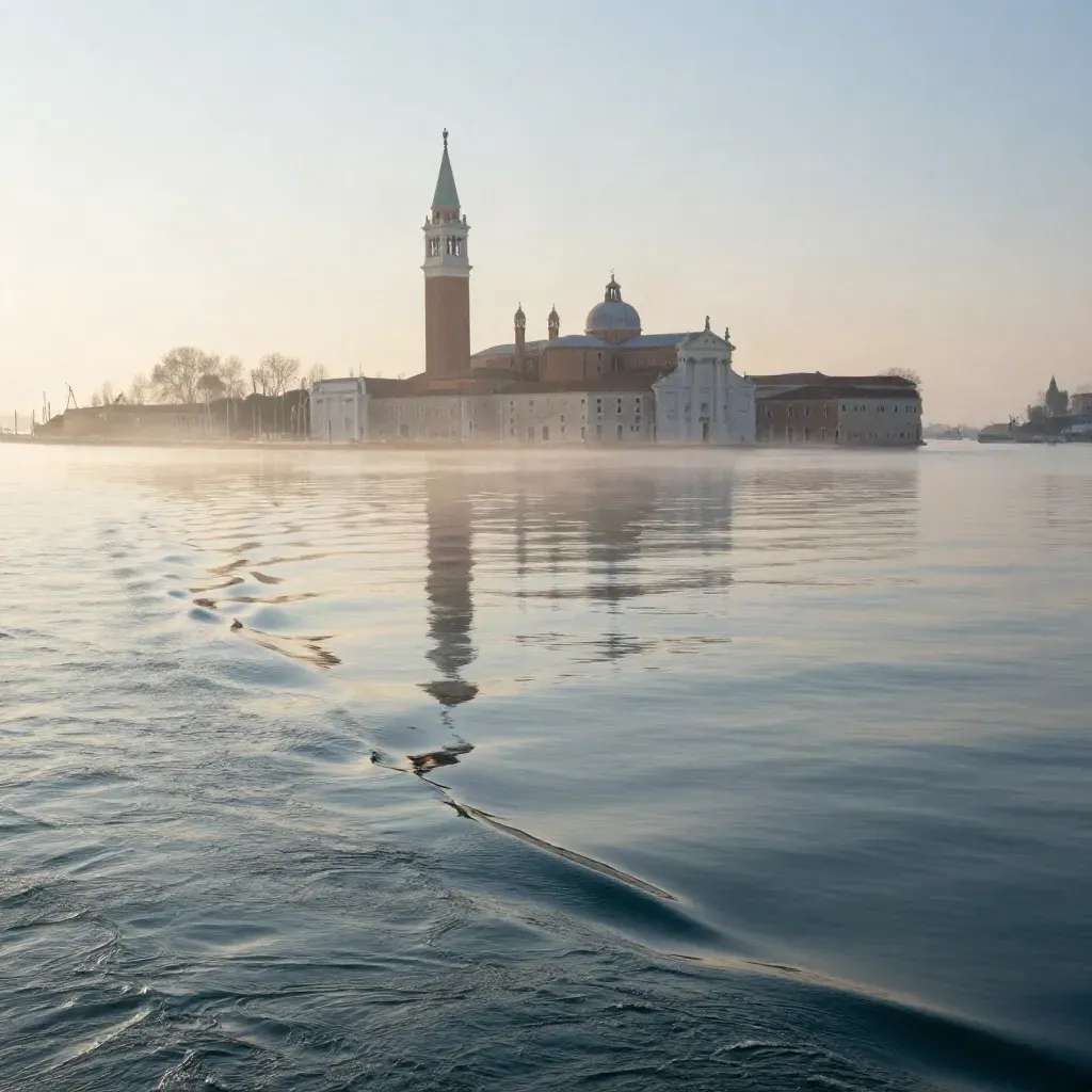 Il campanile di San Marco emerge sulla laguna di Venezia avvolta dalla nebbia del mattino.